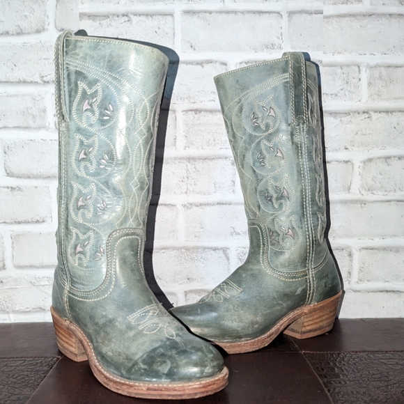 Frye Shoes - Frye Vintage 80's Aqua Blue Green Leather Floral Cowgirl Boots Size 7